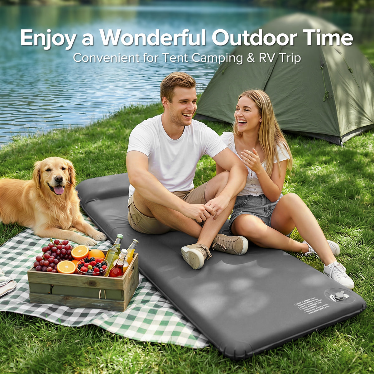 Air Foam Sleeping Pad for Camping, 3" Self Inflating Insulated Camping Mat, Camping Sleeping Pad with Built-In Foot Pump & Pillow, Soft Stretch-Knit Surface for Indoor, Outdoor Use & Travel, Gray
