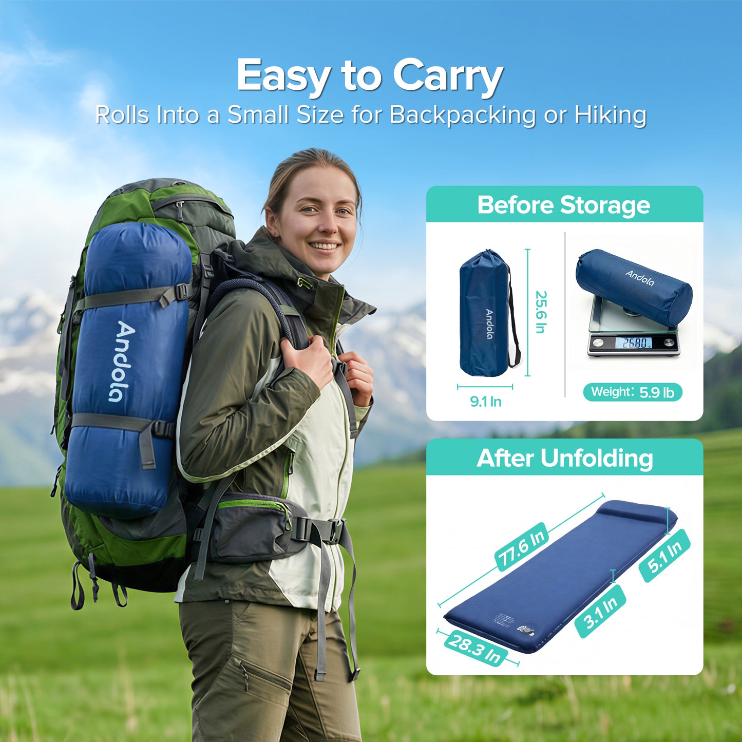 AD-HF004 Memory Sleeping Pad, 3.1" Ultra-Thick Outdoor Foam Camping Sleeping Mat with Pillow, Easy Inflate & Deflate, 9.5 R-Value, Waterproof 4-Season Camping Pad for Backpacking Hiking Tent Car