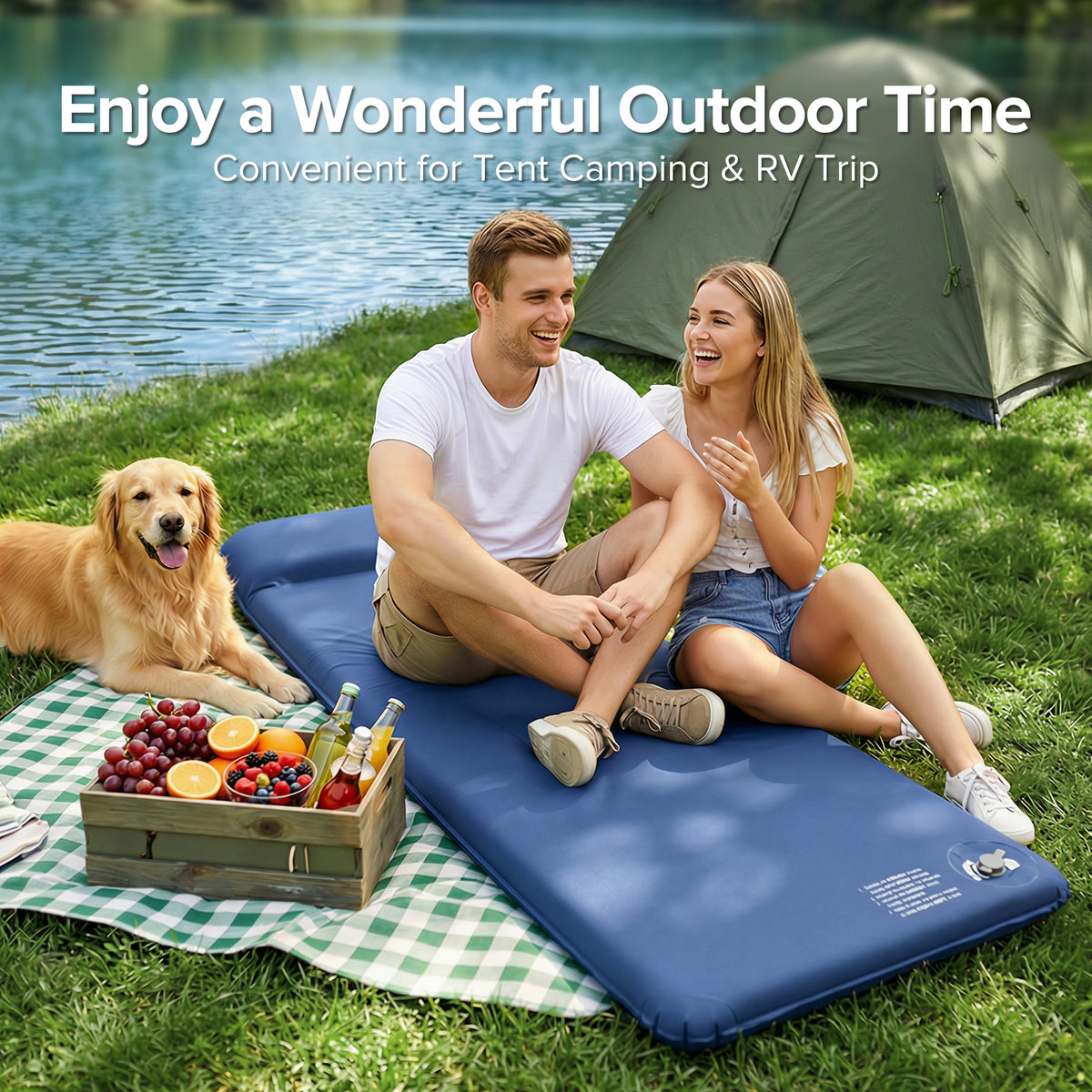 Air Foam Sleeping Pad for Camping, 3" Self Inflating Insulated Camping Mat, Camping Sleeping Pad with Built-In Foot Pump & Pillow, Soft Stretch-Knit Surface for Indoor, Outdoor Use & Travel, Blue