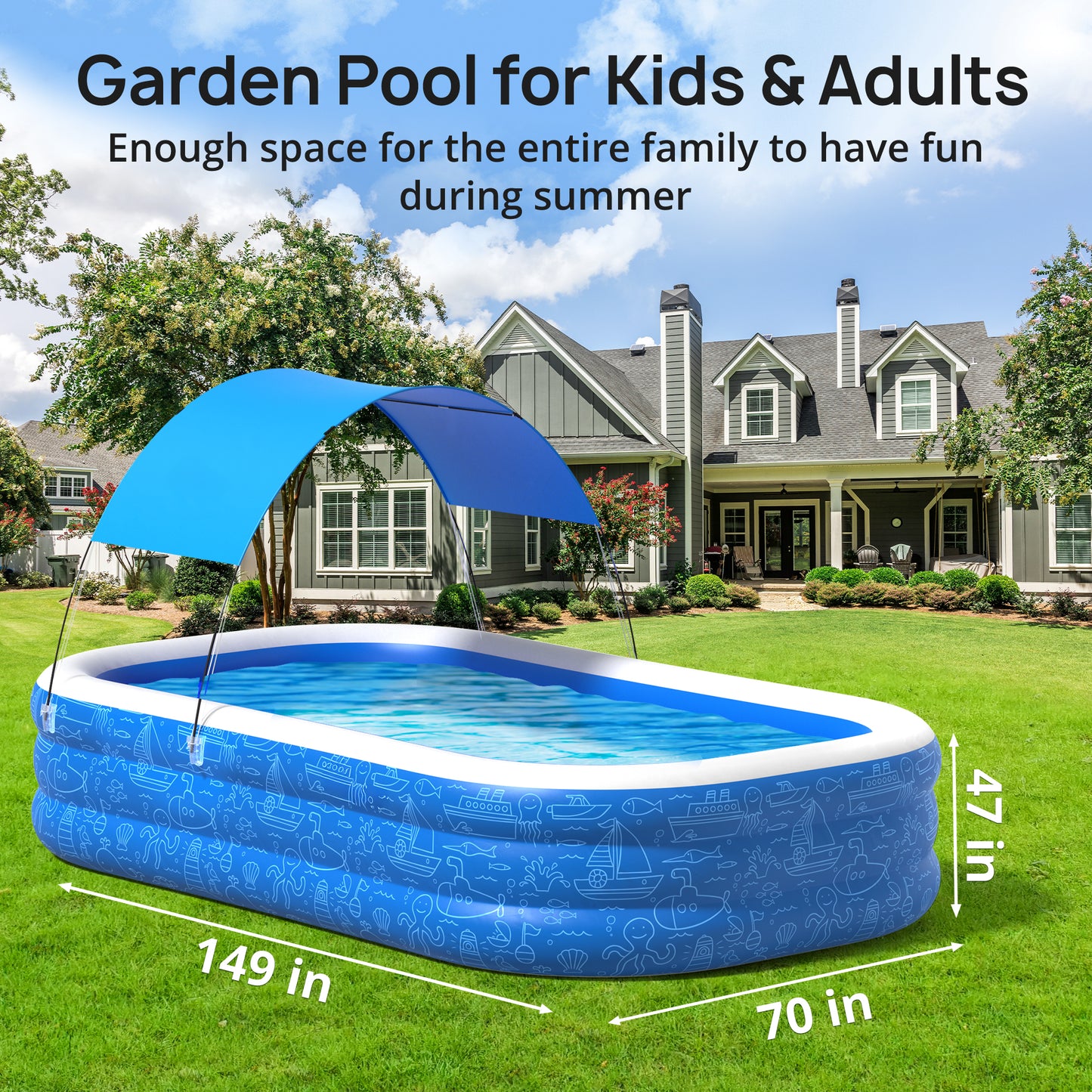 AD-HF006  Click to see full view       2+ Large Inflatable Swimming Pool with Removable Canopy, 150” x 70” x 20” Full-Sized Kiddie Pool for Kids & Adults, Outdoor Blow-Up Pool with Sun Shade for Backyard & Garden, Durable & Safe, Age 3+