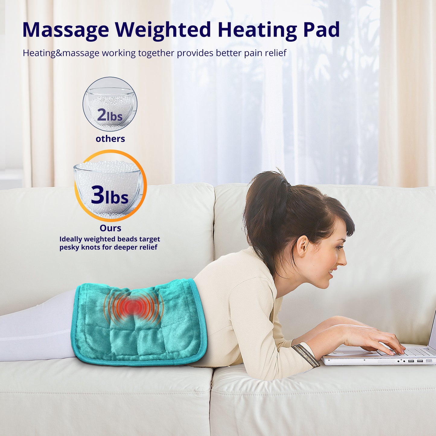 EJ-BD032 Heating Pad, Weighted Heating Pad with Massaging Vibrations, 6 Heat Settings & 4 Massage Modes,Soothing Warmth for Back & Shoulders, 12" x 24",Light Blue