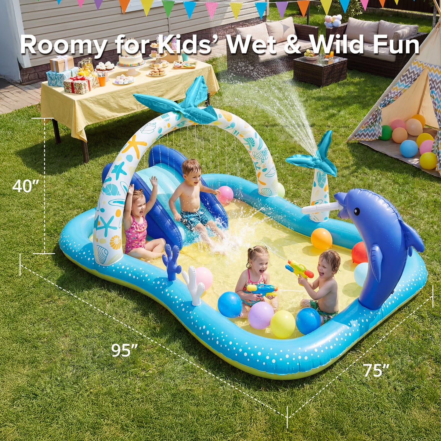Inflatable Pool, 95 x 75 x 40in Rectangular Swimming Pool for Toddlers, Kids, Family, Above Ground, Backyard, Outdoor
