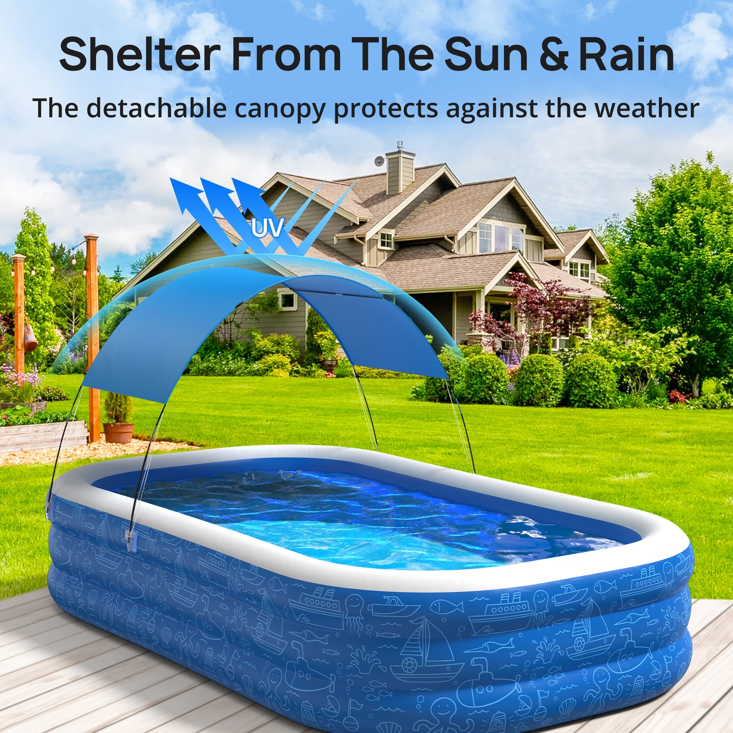 AD-HF006  Click to see full view       2+ Large Inflatable Swimming Pool with Removable Canopy, 150” x 70” x 20” Full-Sized Kiddie Pool for Kids & Adults, Outdoor Blow-Up Pool with Sun Shade for Backyard & Garden, Durable & Safe, Age 3+