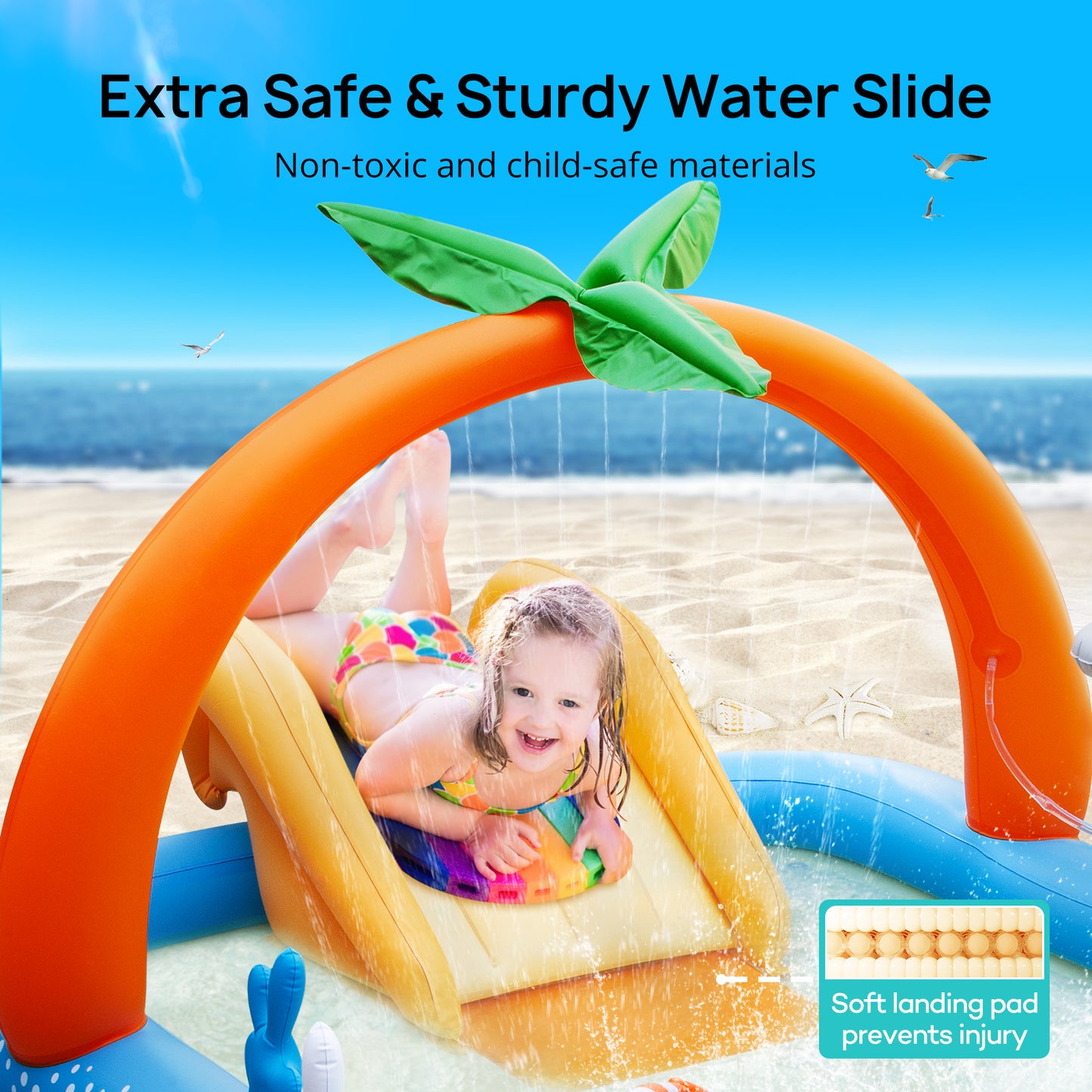 AD-HF005 Kiddie Pool with Slide Inflatable Play Center Wading Lounge Kids Pool, Coconut Palm Sprinkler, Water Game Play Center, 95''x75''x40''