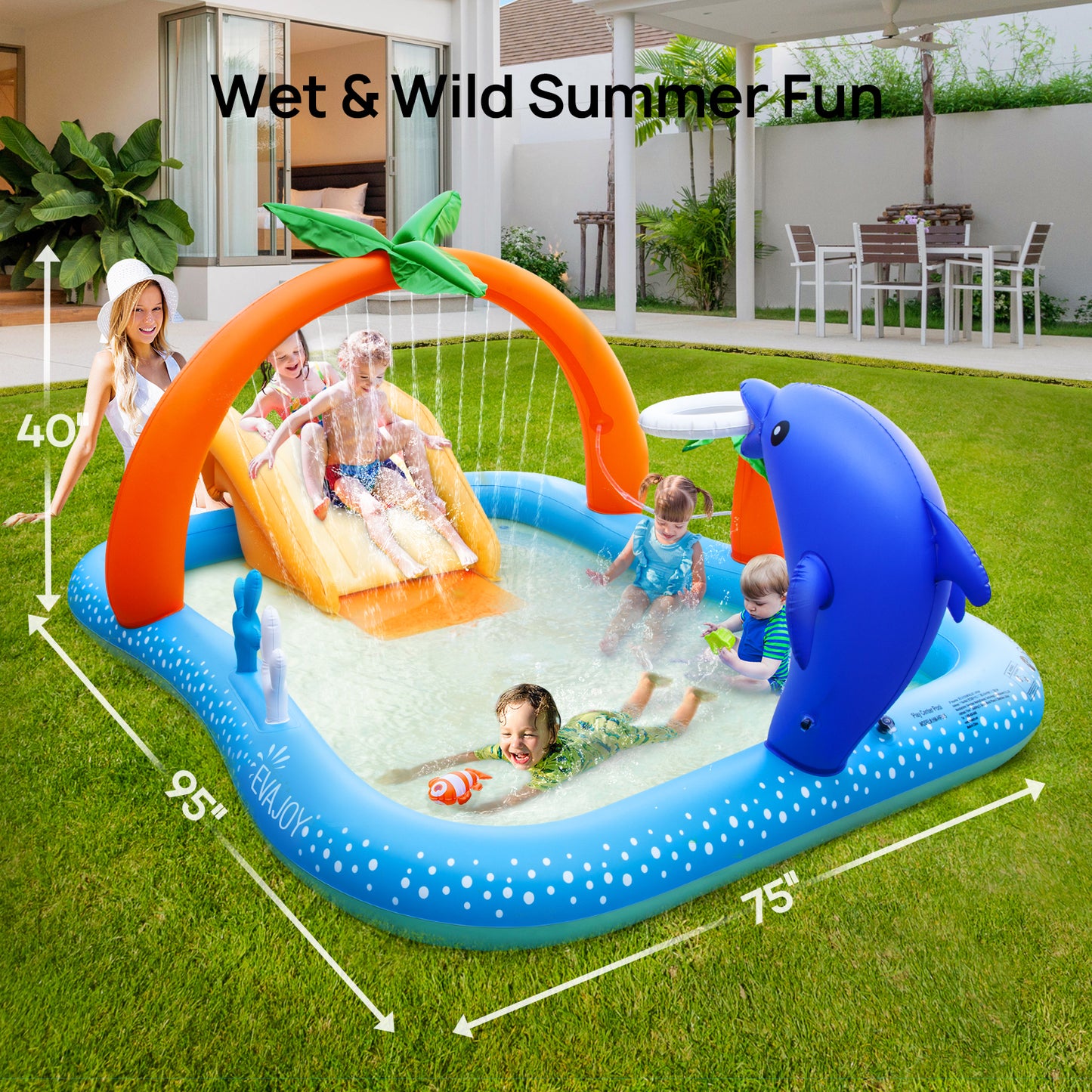 AD-HF005 Kiddie Pool with Slide Inflatable Play Center Wading Lounge Kids Pool, Coconut Palm Sprinkler, Water Game Play Center, 95''x75''x40''