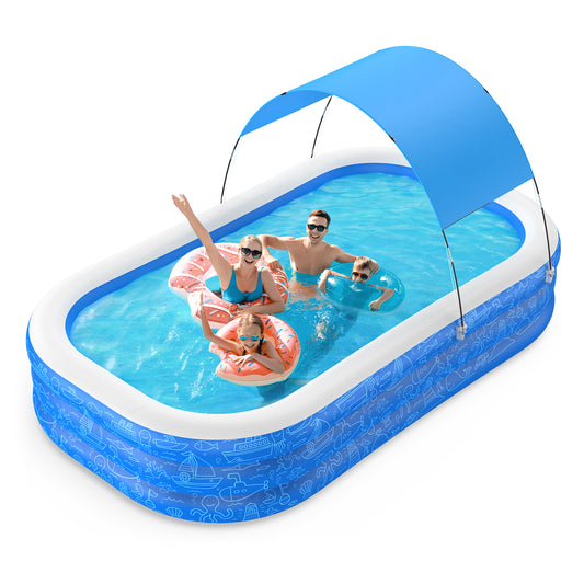AD-HF006  Click to see full view       2+ Large Inflatable Swimming Pool with Removable Canopy, 150” x 70” x 20” Full-Sized Kiddie Pool for Kids & Adults, Outdoor Blow-Up Pool with Sun Shade for Backyard & Garden, Durable & Safe, Age 3+
