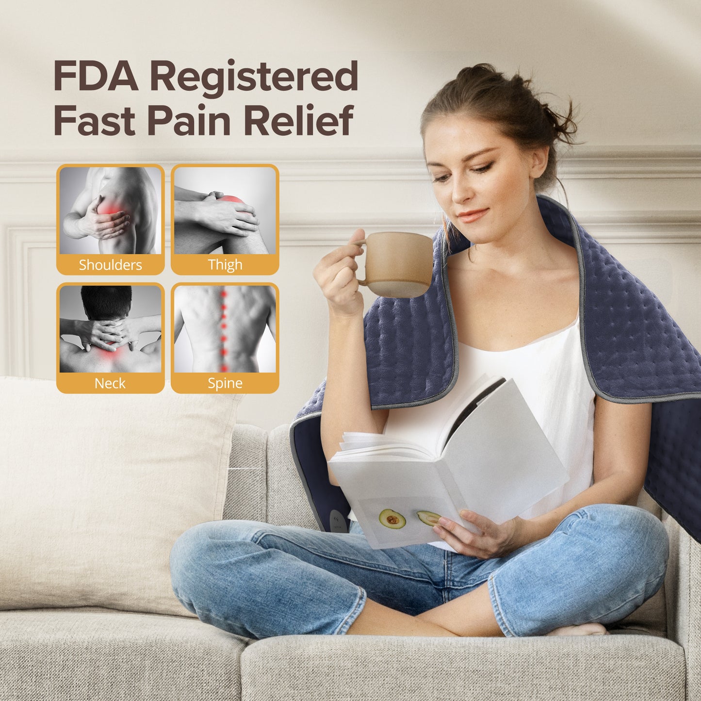 Electric Heating Pad for Back Pain Relief, Extra Large 33" x 17" - 6 Heat Settings for Neck Shoulder Cramp - Moist Heat Therapy - 2h Auto-Off - Machine Washable