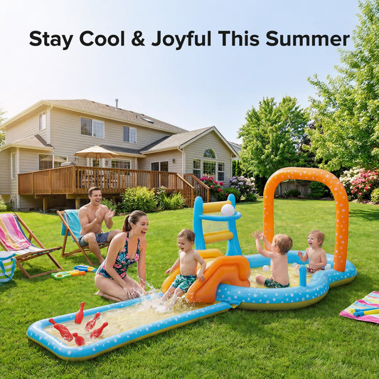 AD-HF002 Kiddle Pool, Multifunctional Inflatable Pool for Kids – BPA-Free, Includes Slide, Water Slide, Basketball Hoop, Bowling Game, and More – Perfect for Backyard, Beach, and Outdoor Play for Ages 2+