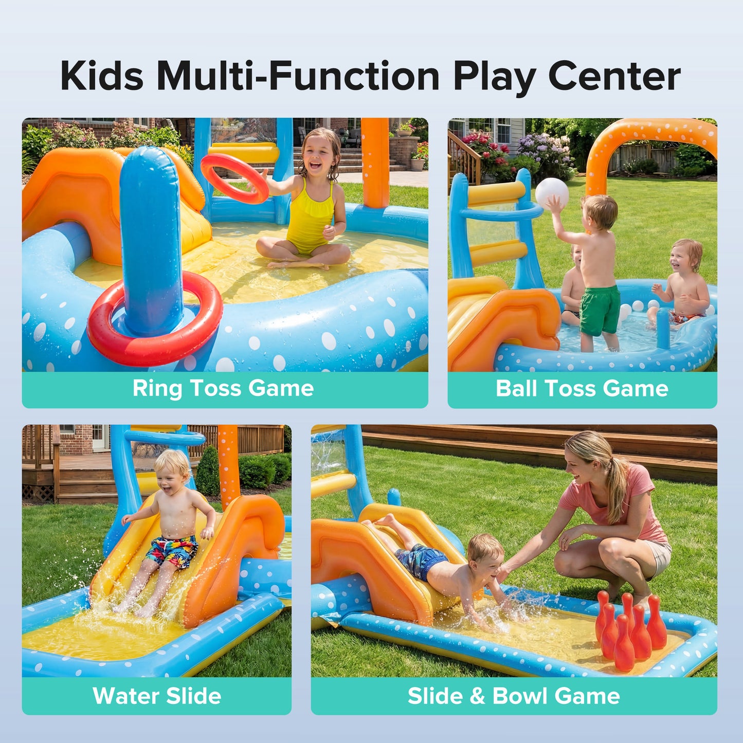 AD-HF002 Kiddle Pool, Multifunctional Inflatable Pool for Kids – BPA-Free, Includes Slide, Water Slide, Basketball Hoop, Bowling Game, and More – Perfect for Backyard, Beach, and Outdoor Play for Ages 2+