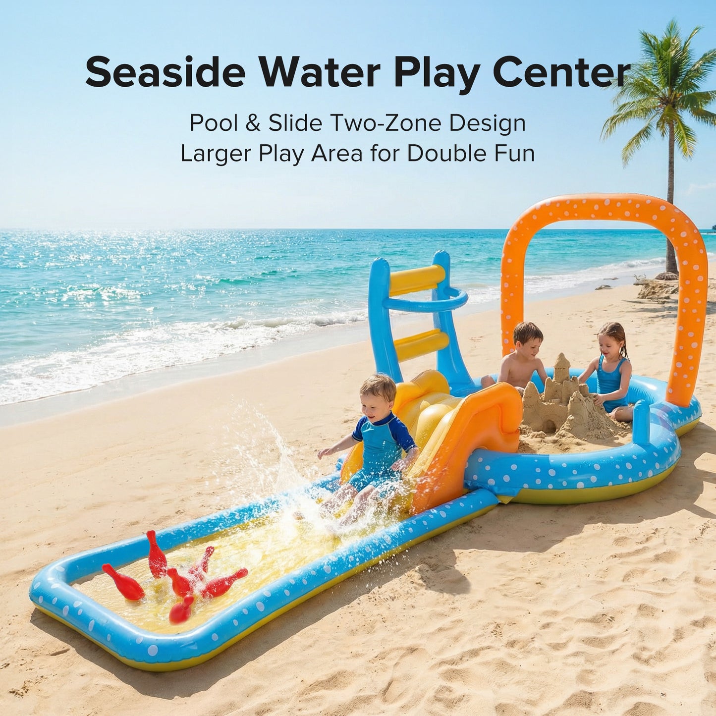 AD-HF002 Kiddle Pool, Multifunctional Inflatable Pool for Kids – BPA-Free, Includes Slide, Water Slide, Basketball Hoop, Bowling Game, and More – Perfect for Backyard, Beach, and Outdoor Play for Ages 2+