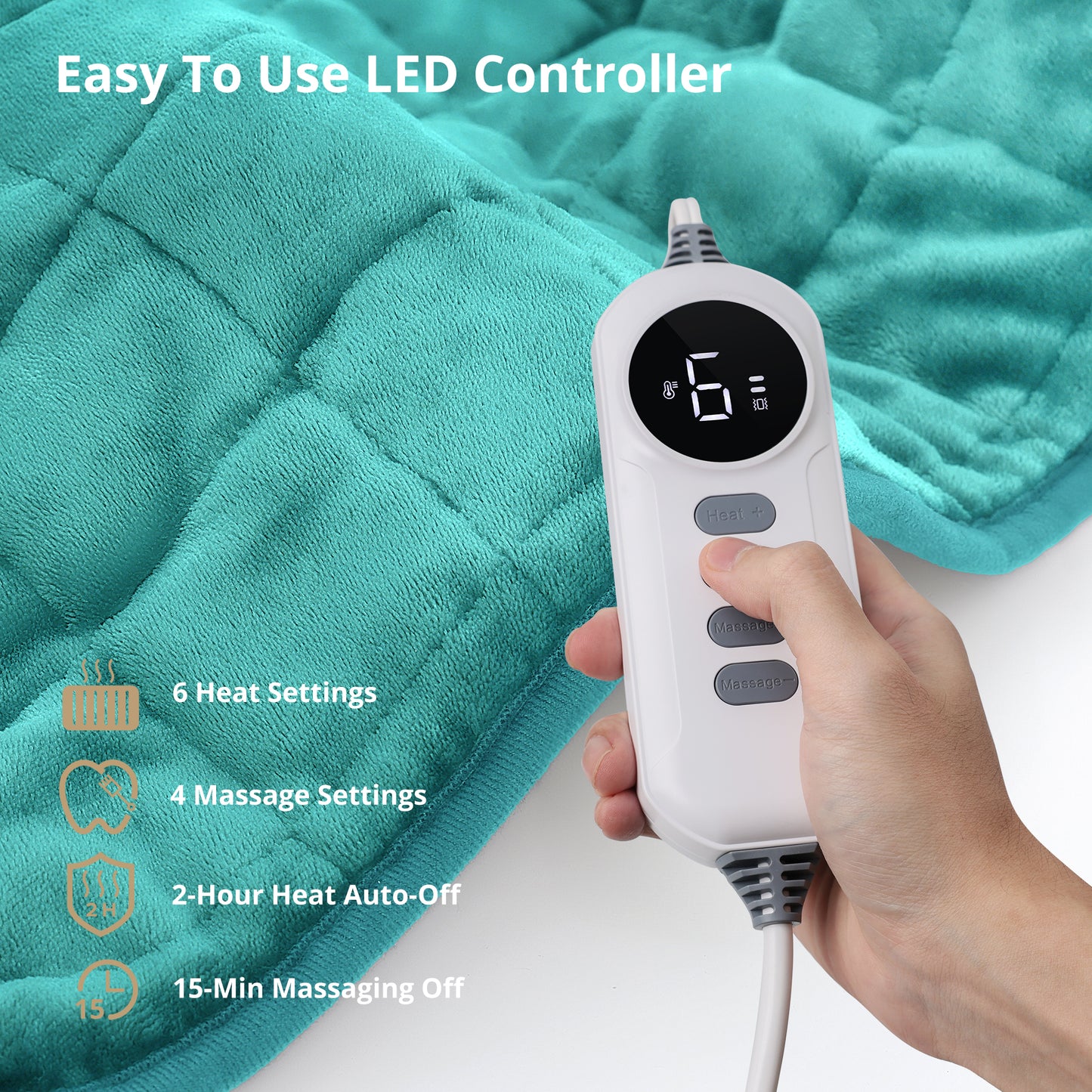 EJ-BD032 Heating Pad, Weighted Heating Pad with Massaging Vibrations, 6 Heat Settings & 4 Massage Modes,Soothing Warmth for Back & Shoulders, 12" x 24",Light Blue
