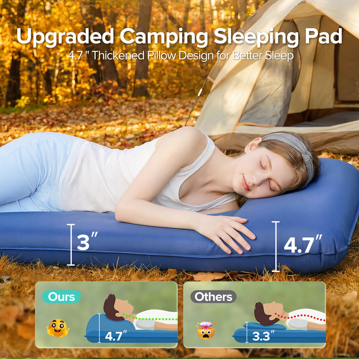 Air Foam Sleeping Pad for Camping, 3" Self Inflating Insulated Camping Mat, Camping Sleeping Pad with Built-In Foot Pump & Pillow, Soft Stretch-Knit Surface for Indoor, Outdoor Use & Travel, Blue