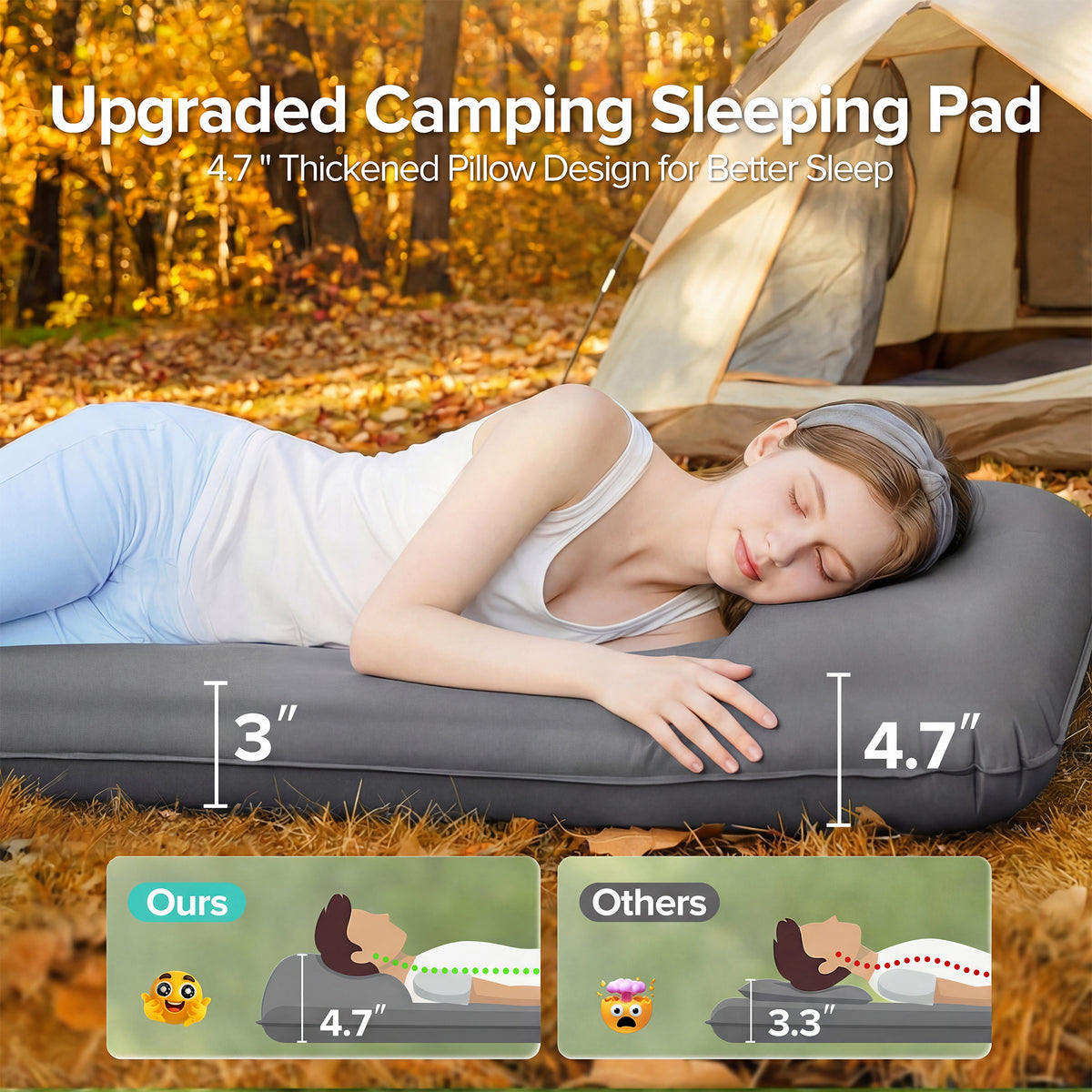 Air Foam Sleeping Pad for Camping, 3" Self Inflating Insulated Camping Mat, Camping Sleeping Pad with Built-In Foot Pump & Pillow, Soft Stretch-Knit Surface for Indoor, Outdoor Use & Travel, Gray