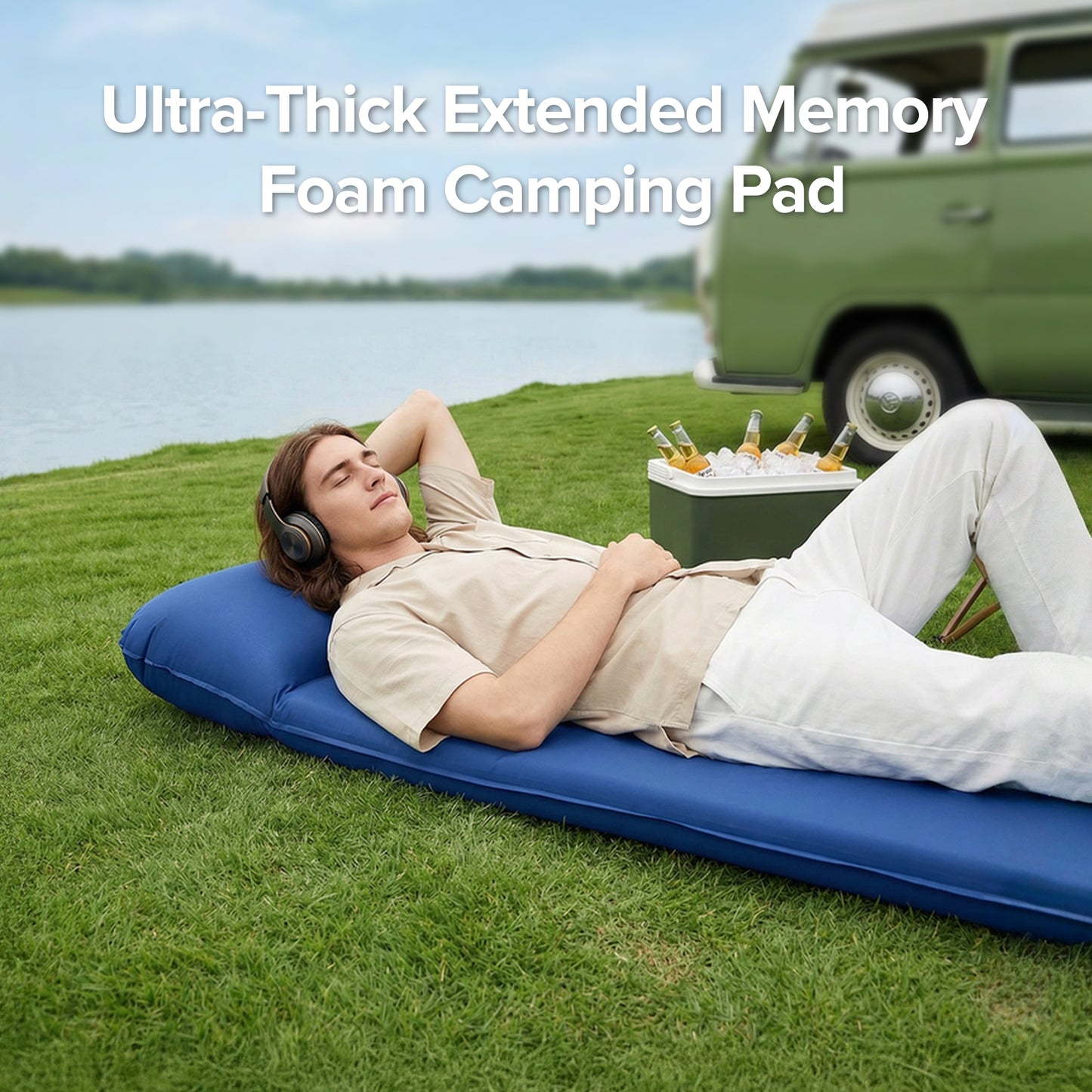 AD-HF004 Memory Sleeping Pad, 3.1" Ultra-Thick Outdoor Foam Camping Sleeping Mat with Pillow, Easy Inflate & Deflate, 9.5 R-Value, Waterproof 4-Season Camping Pad for Backpacking Hiking Tent Car