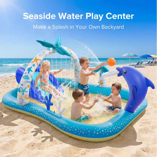 AD-HF005 Kiddie Pool with Slide Inflatable Play Center Wading Lounge Kids Pool, Coconut Palm Sprinkler, Water Game Play Center, 95''x75''x40''