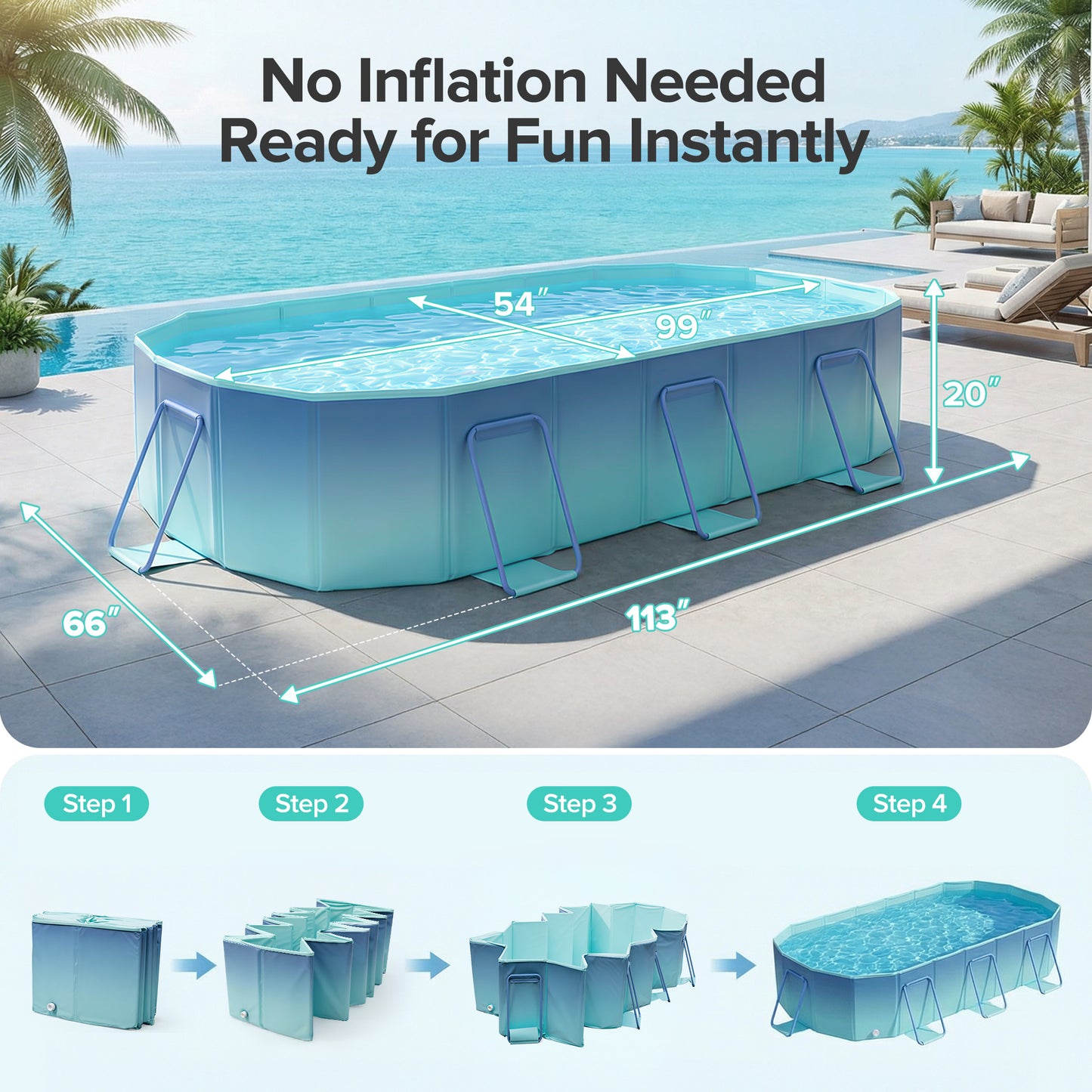 AD-HF003 Foldable Pool, Non-Inflatable Large Swimming Pool for the Whole Family, Portable Above Ground Pool for Adults & Kids, Kiddie Pool for Backyard Garden Camping,113"×70"×19"