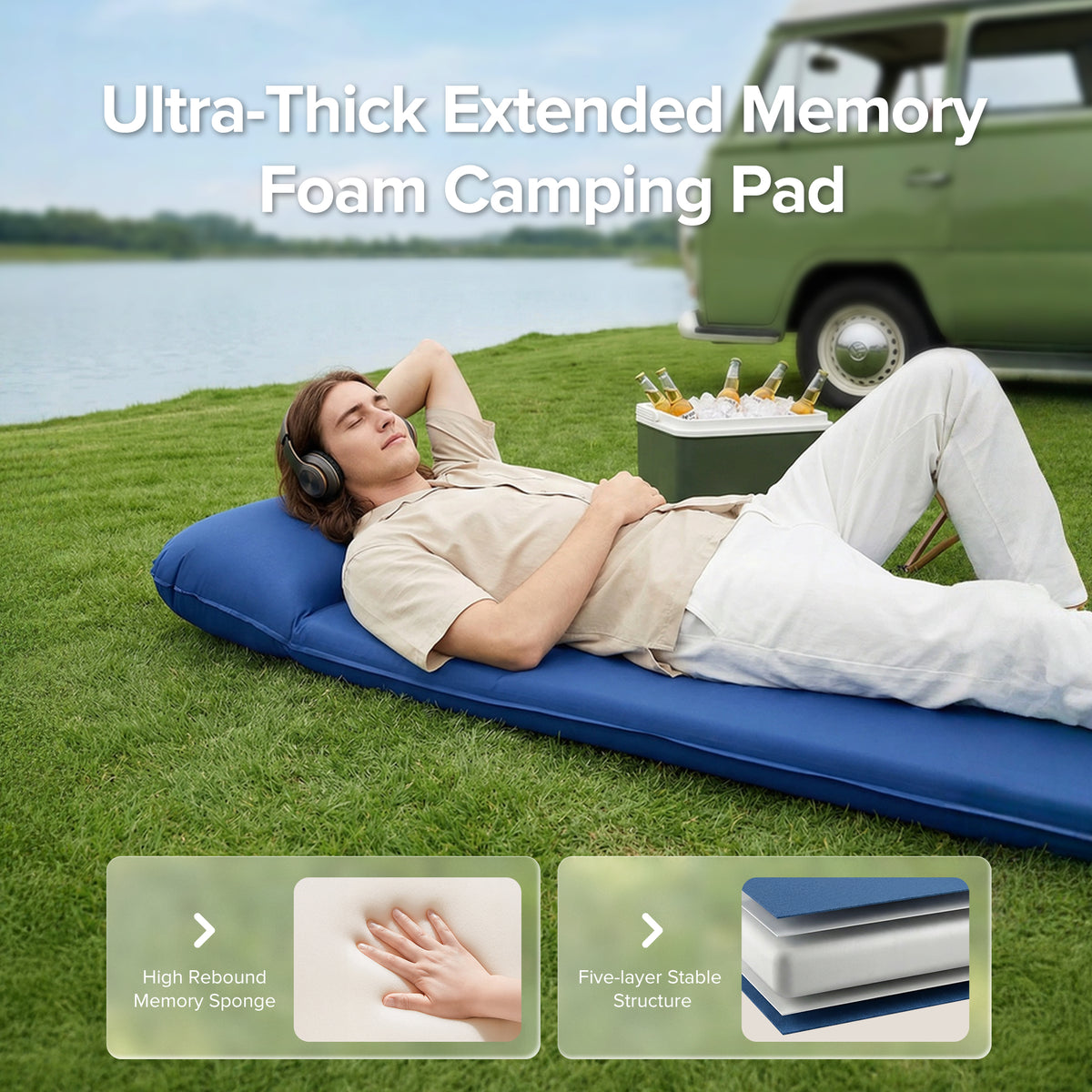 Air Foam Sleeping Pad for Camping, 3" Self Inflating Insulated Camping Mat, Camping Sleeping Pad with Built-In Foot Pump & Pillow, Soft Stretch-Knit Surface for Indoor, Outdoor Use & Travel, Blue