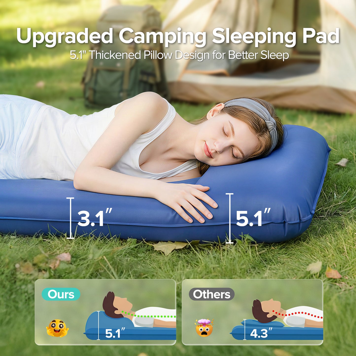 AD-HF004 Memory Sleeping Pad, 3.1" Ultra-Thick Outdoor Foam Camping Sleeping Mat with Pillow, Easy Inflate & Deflate, 9.5 R-Value, Waterproof 4-Season Camping Pad for Backpacking Hiking Tent Car