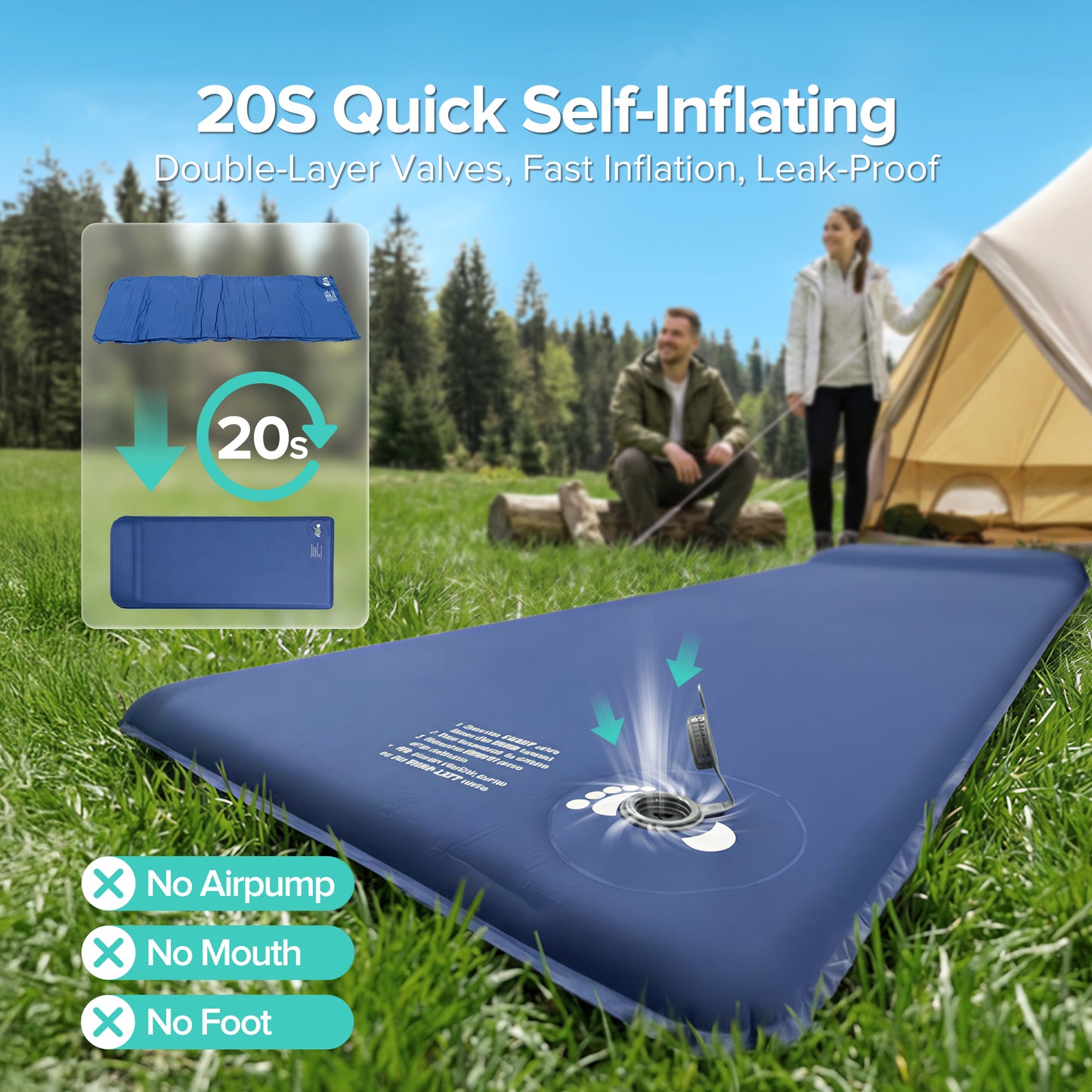 AD-HF004 Memory Sleeping Pad, 3.1" Ultra-Thick Outdoor Foam Camping Sleeping Mat with Pillow, Easy Inflate & Deflate, 9.5 R-Value, Waterproof 4-Season Camping Pad for Backpacking Hiking Tent Car