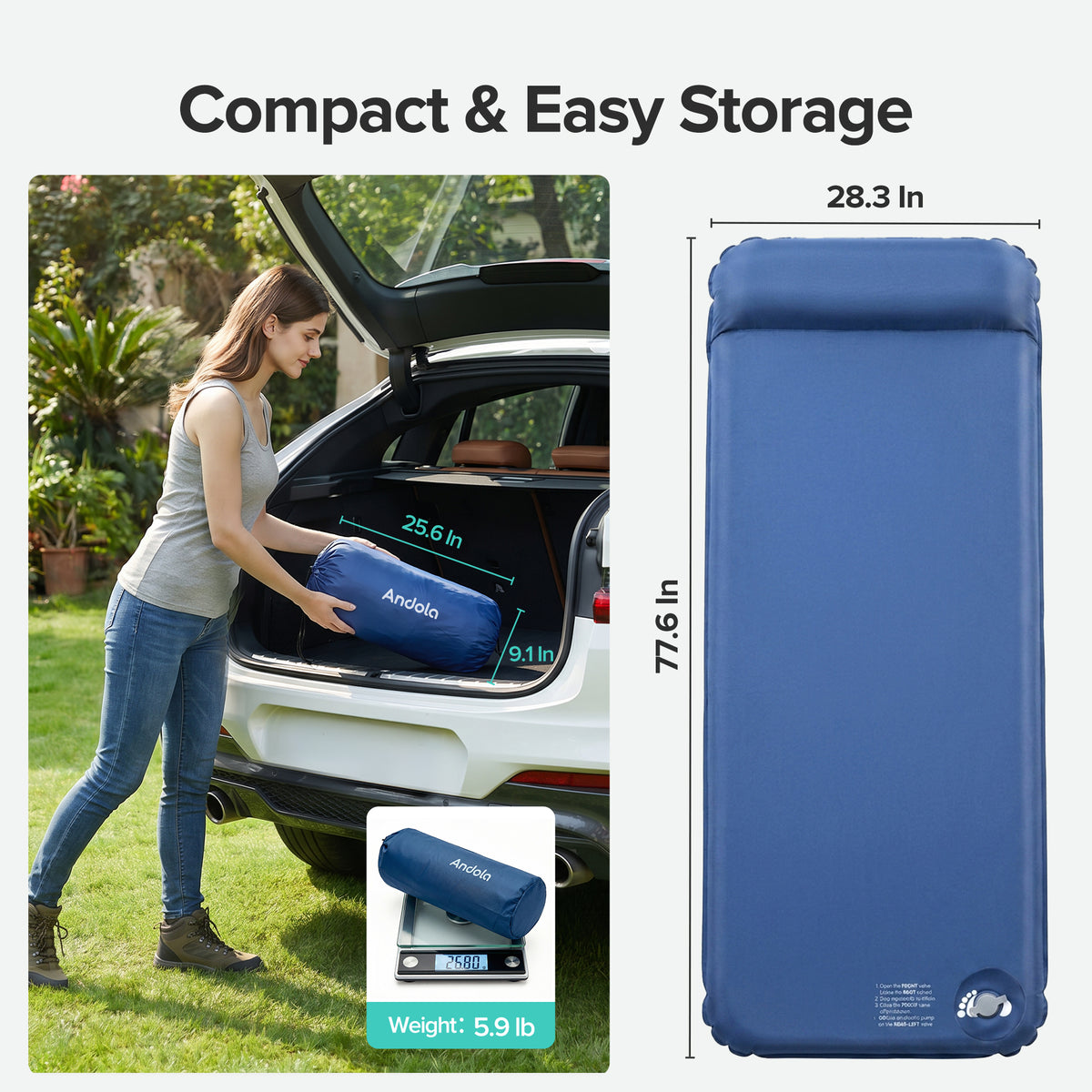 Air Foam Sleeping Pad for Camping, 3" Self Inflating Insulated Camping Mat, Camping Sleeping Pad with Built-In Foot Pump & Pillow, Soft Stretch-Knit Surface for Indoor, Outdoor Use & Travel, Blue