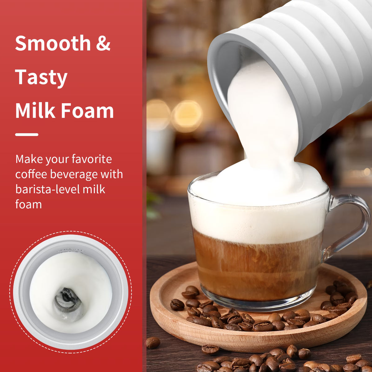 Milk Frother, TaoTronics 4-in-1 Electric Coffee Frother, Non-Slip Stylish Design, Hot & Cold Milk Steamer with Temperature Control, Auto Shut-Off for Latte, Cappuccino, Macchiato